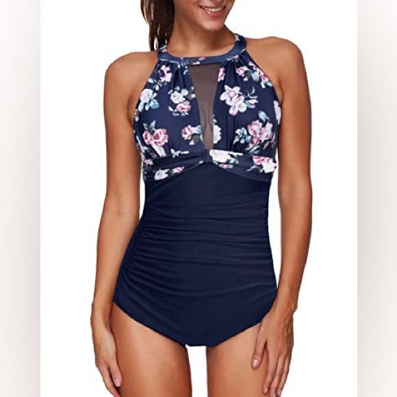 Holipick Halter High Neck Mesh Plunge With Tummy Control-Navy Blue Floral - Picture 3 of 4